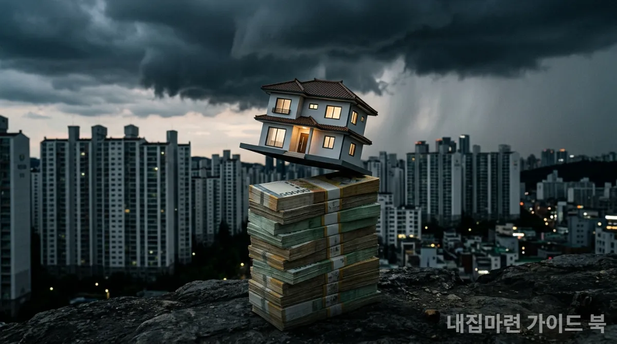 적은 자본으로 주택을 매입하는 갭투자의 개념과 위험을 상징하는 이미지