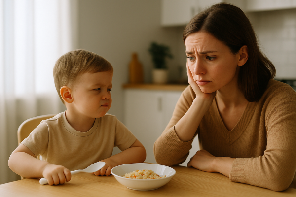 밥을 먹지 않겠다며 고개를 돌리는 남자아이와, 식탁 앞에서 걱정스러운 표정으로 아이를 바라보는 엄마의 모습