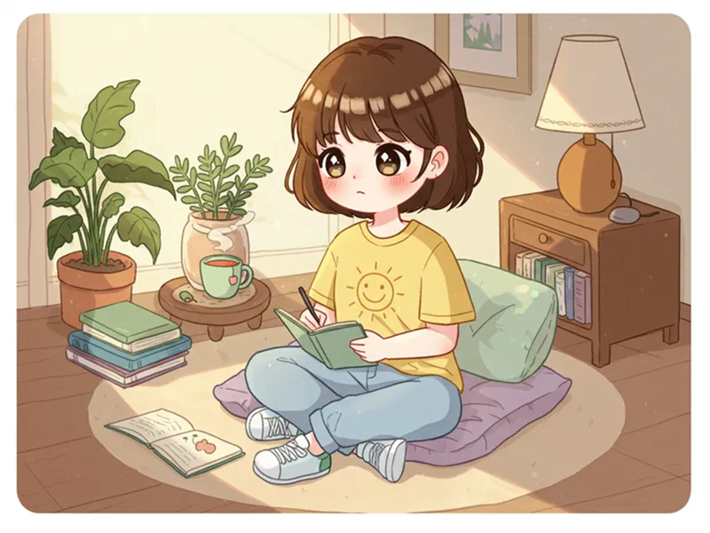 따뜻한 방 안에서 작은 노트에 생각을 적으며 마음을 돌보는 귀여운 여성 캐릭터의 모습을 담은 일러스트.