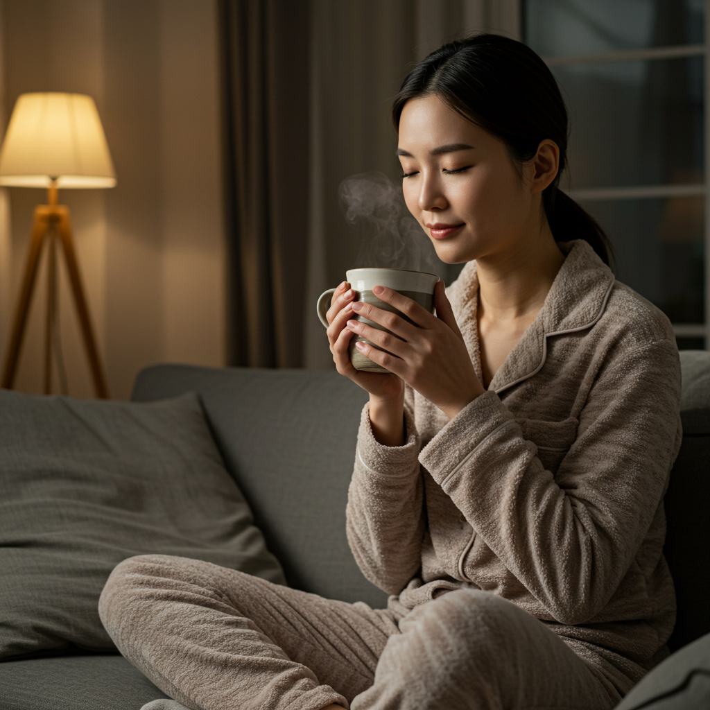 잠들기 전, 숙면을 위한 루틴으로 따뜻한 캐모마일 허브티를 마시며 편안하게 휴식하는 여성