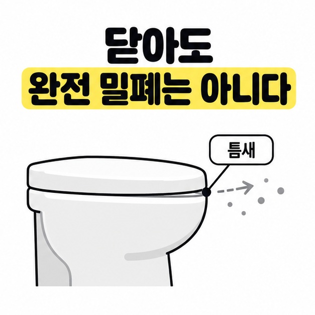 닫힌 변기 뚜껑 아래 틈새를 지시선으로 가리키고 작은 입자가 밖으로 나오는 모습을 그린 도식