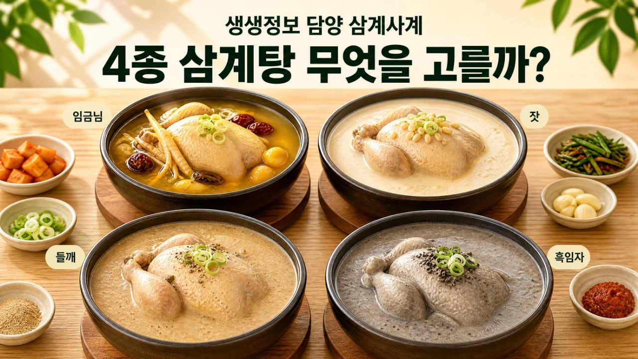 2TV 생생정보 담양 삼계사계 임금님 잣 들깨 흑임자 4종 삼계탕을 소개하는 이미지
