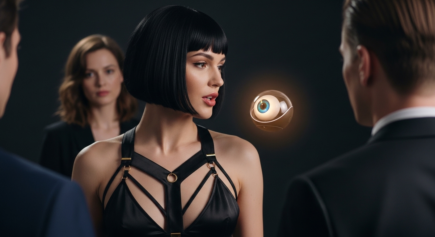 떠있는 디지털 눈과 대화하는 여인