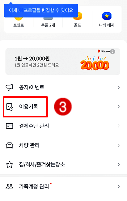 카카오T 어플 이용기록 화면