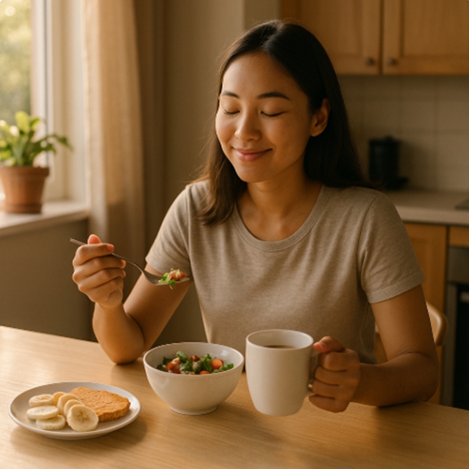 아침 햇살이 비치는 주방에서 건강한 여성이 미소를 지으며 균형 잡힌 아침 식사를 즐기는 모습
