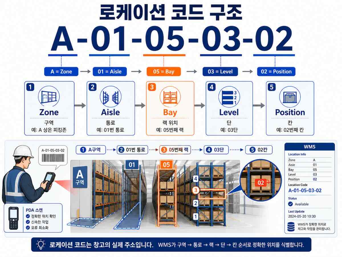 물류센터 로케이션 코드 A-01-05-03-02를 Zone Aisle Bay Level Position 구조로 설명하는 도식