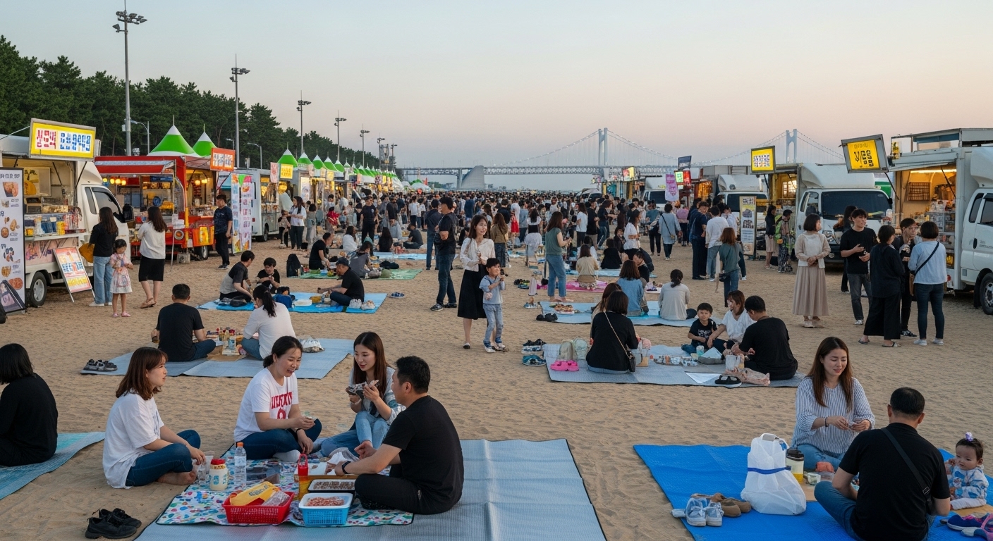 부산불꽃축제 사전 행사 중 광안리 해변에서 가족과 친구들이 푸드 트럭을 즐기고 공연을 관람하며 축제 분위기를 만끽하는 활기찬 모습.