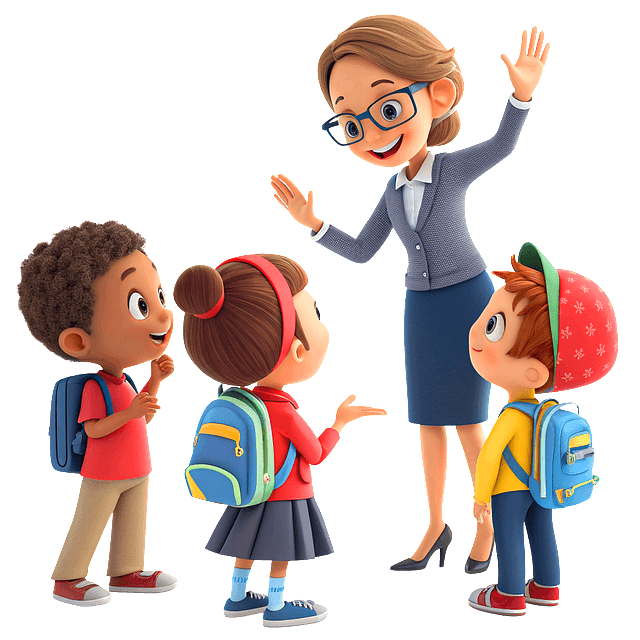 올림머리를 한 여자 선생님이 웃으면서 3명의 초등학생들과 대화하고 있다.