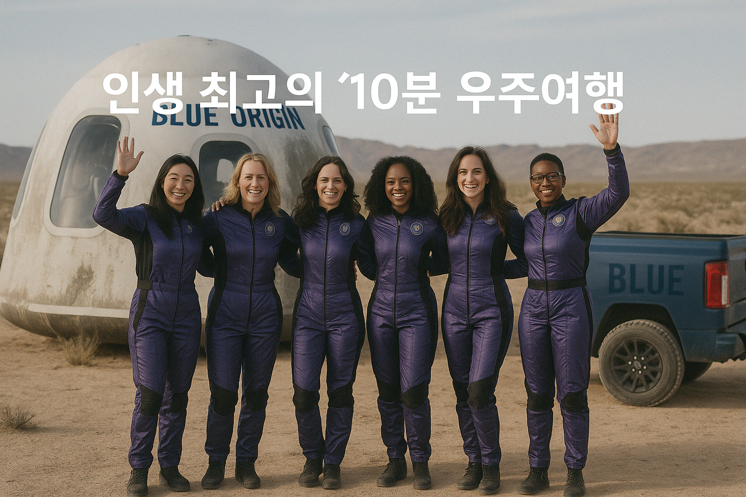 10분 우주여행’을 마친 여성 우주인 6인의 기념 촬영 장면 이미지