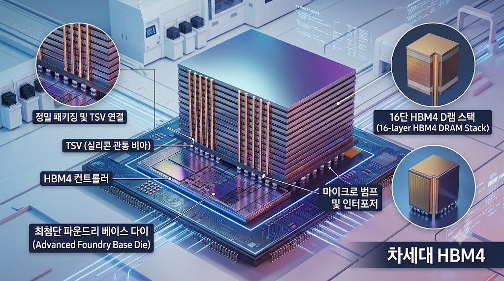 최첨단 파운드리 베이스 다이 위에 16단 D램 칩이 정밀하게 패키징된 차세대 HBM4 반도체 3D 그래픽 이미지