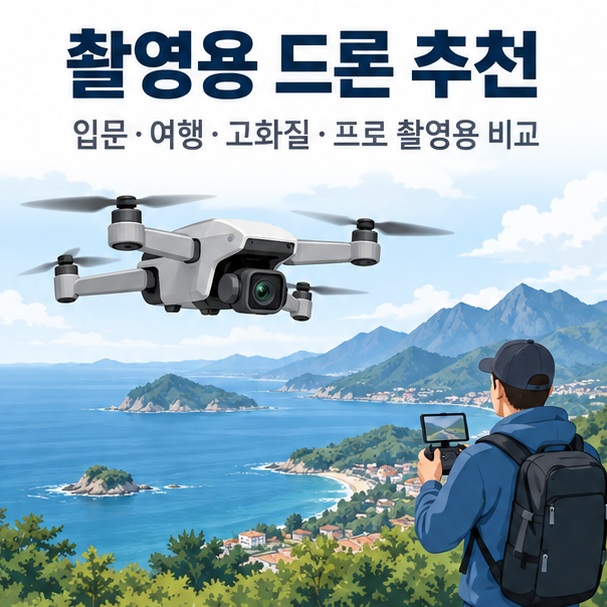 여행 풍경 인물 영상을 촬영하는 카메라 드론들을 배경으로 촬영용 드론 추천이라는 글자가 중앙에 놓인 드론 구매 가이드 인포그래픽