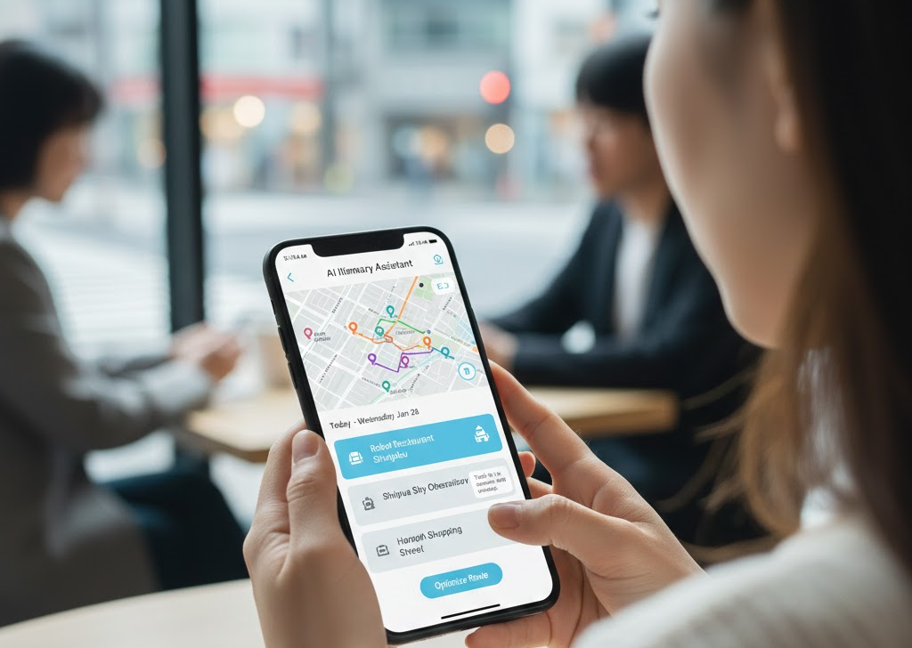 AI가 여행 일정과 동선을 추천하는 장면을 표현한 이미지