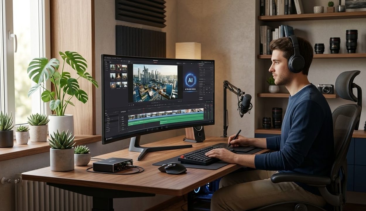 노트북 한 대로 영화를 제작하는 미래의 1인 크리에이터 모습