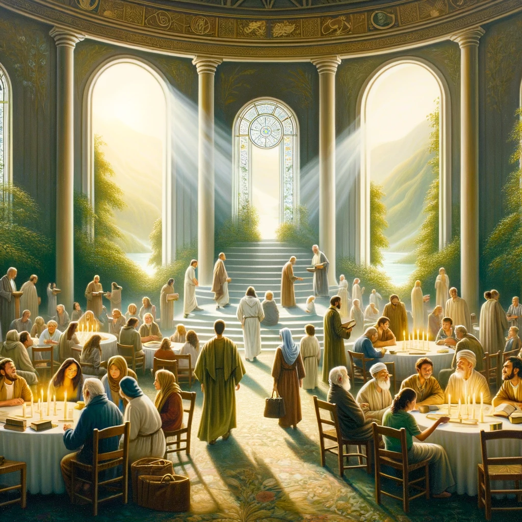 Here is the image depicting the strengthening of faith through visiting and fellowshipping with believers in a communal setting, emphasizing the sharing of spiritual gifts and community support.