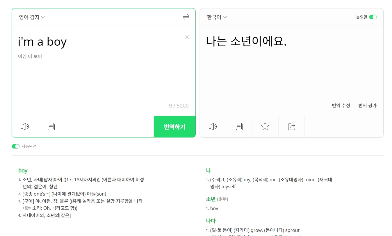 파파고 번역 결과 및 단어 설명