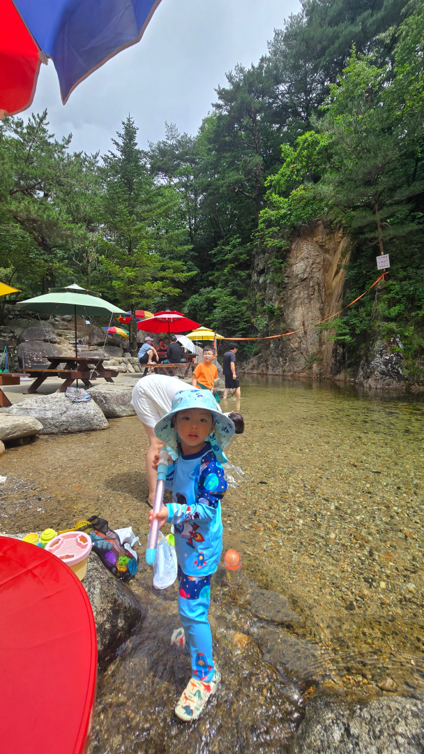 계곡물에서 재밌게 노는 아이 사진