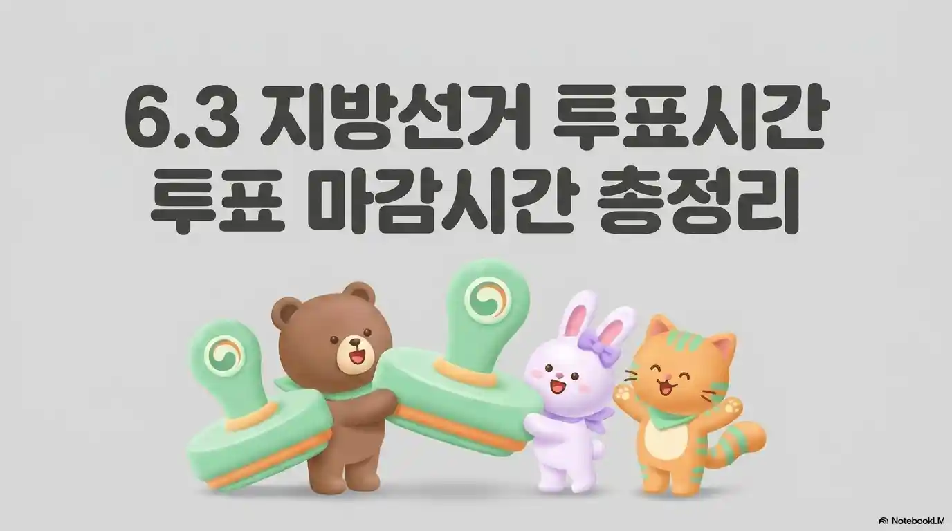 6.3 지방선거 투표시간과 투표 마감시간 총정리 안내 썸네일 - 곰, 토끼, 고양이 캐릭터가 투표 도장을 들고 있는 일러스트