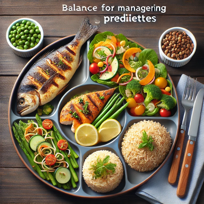 현미밥&amp;#44; 닭가슴살 샐러드&amp;#44; 생선구이&amp;#44; 나물 반찬이 포함된 균형 잡힌 식단.