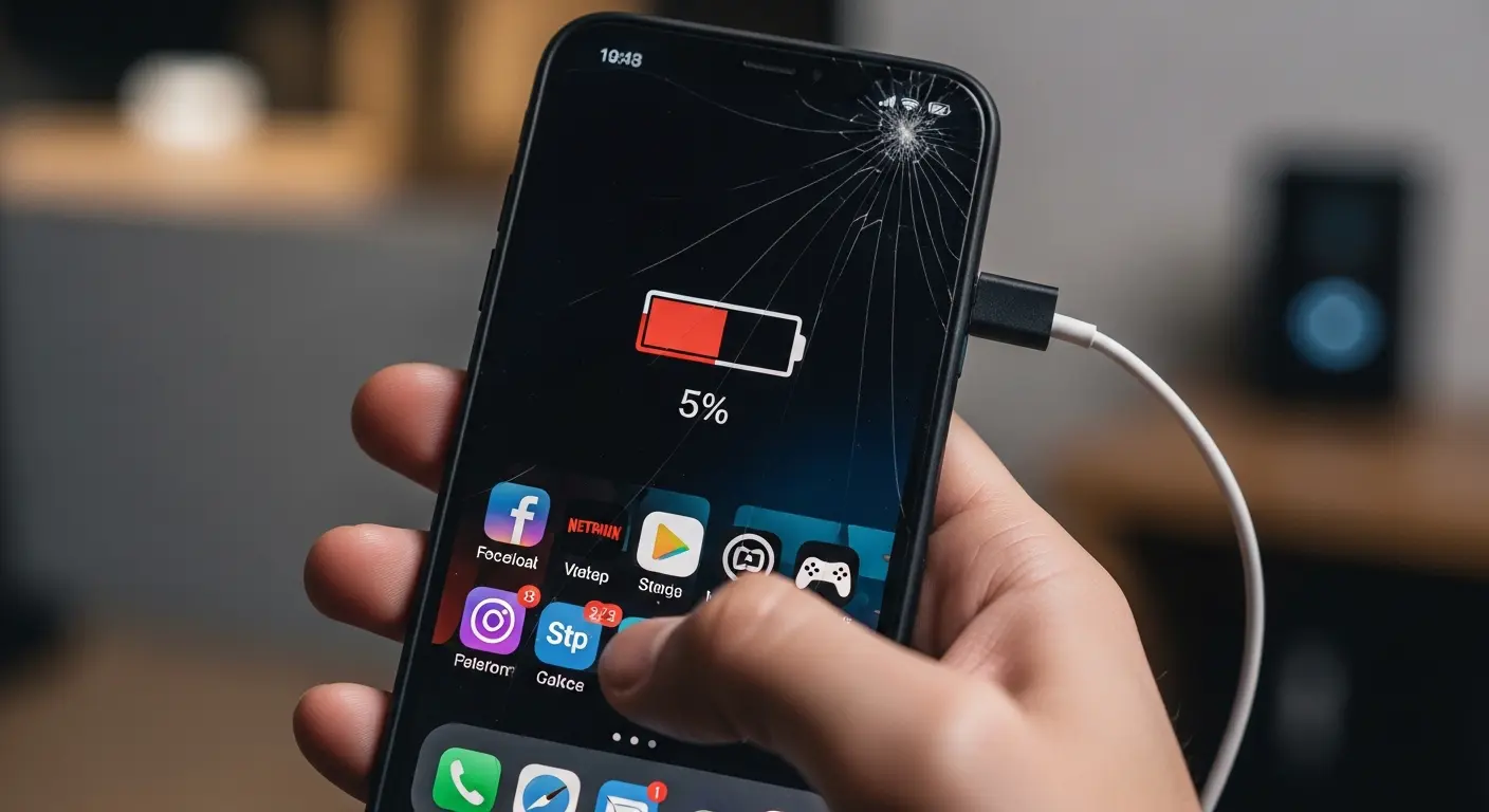 휴대폰 배터리가 갑자기 빠르게 소모되는 상황을 설명하는 이미지