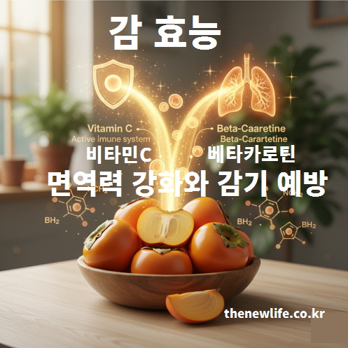 감 효능을 상징하는 인공 이미지, 비타민C와 베타카로틴이 면역력 강화와 감기 예방에 도움을 주는 그래픽