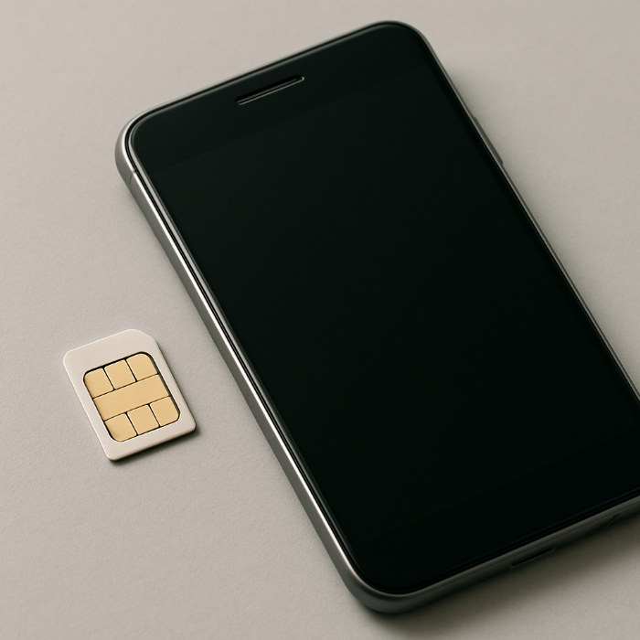 휴대폰과 유심이 나란히 놓여 있는 이미지