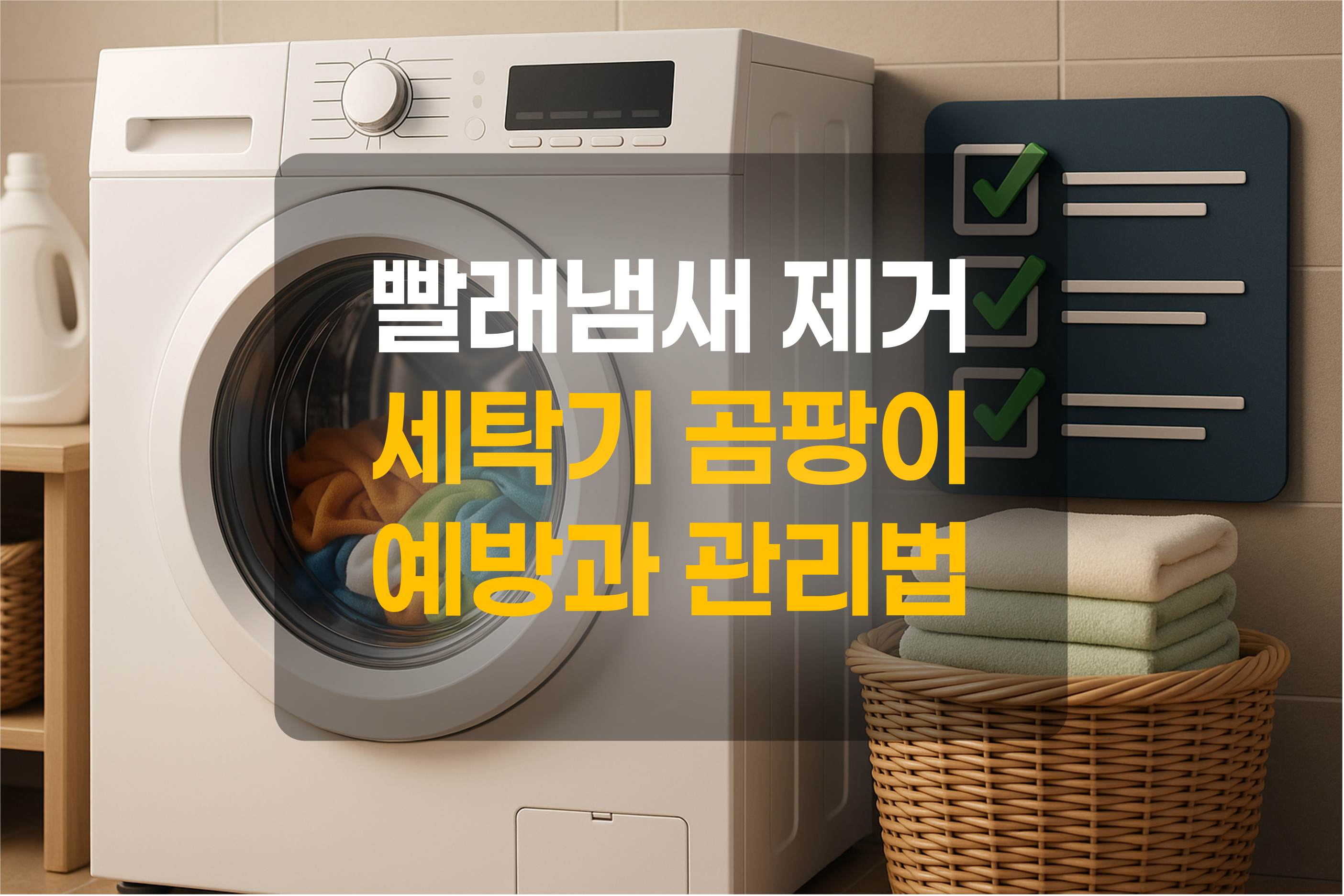세탁기와 세탁물, 체크리스트를 표현한 그림