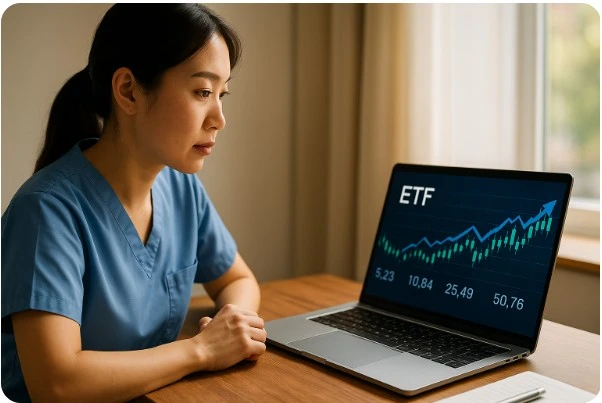 간호사가 노트북으로 ETF 차트를 살펴보는 따뜻한 아침 장면