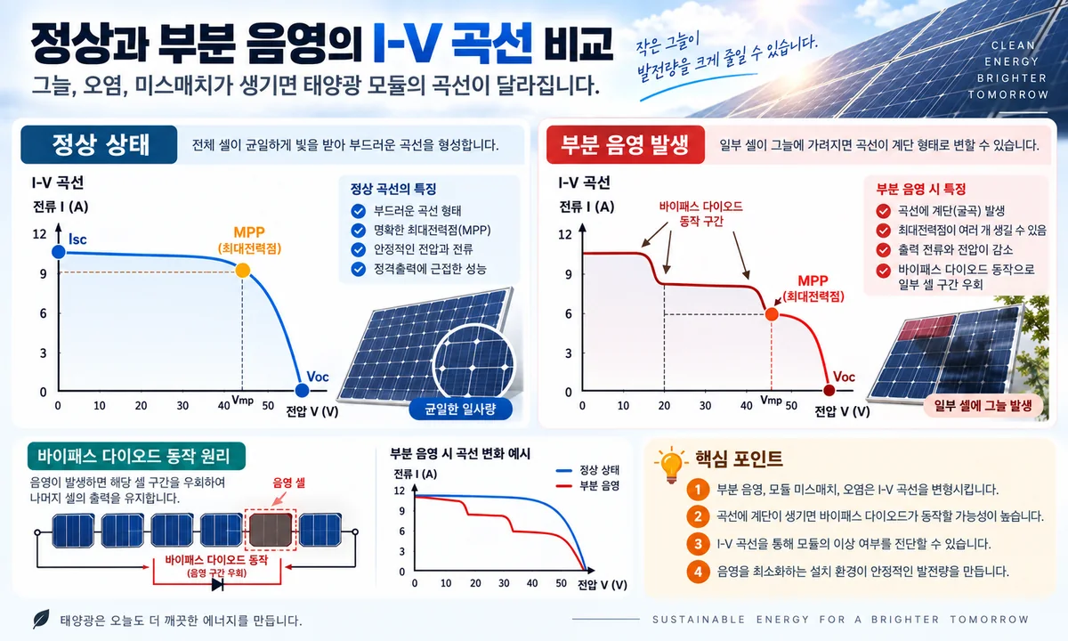 정상 상태와 부분 음영 발생 시 태양광 I-V 곡선 및 바이패스 다이오드 동작을 비교한 인포그래픽