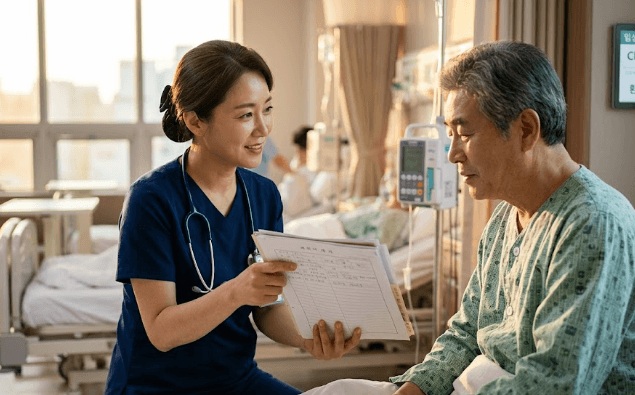 간호사가 병동 침대에 앉아 있는 환자에게 의료 차트를 보여주며 기저질환 및 수액 투여 부작용에 대해 진중하게 설명하고 있는 모습