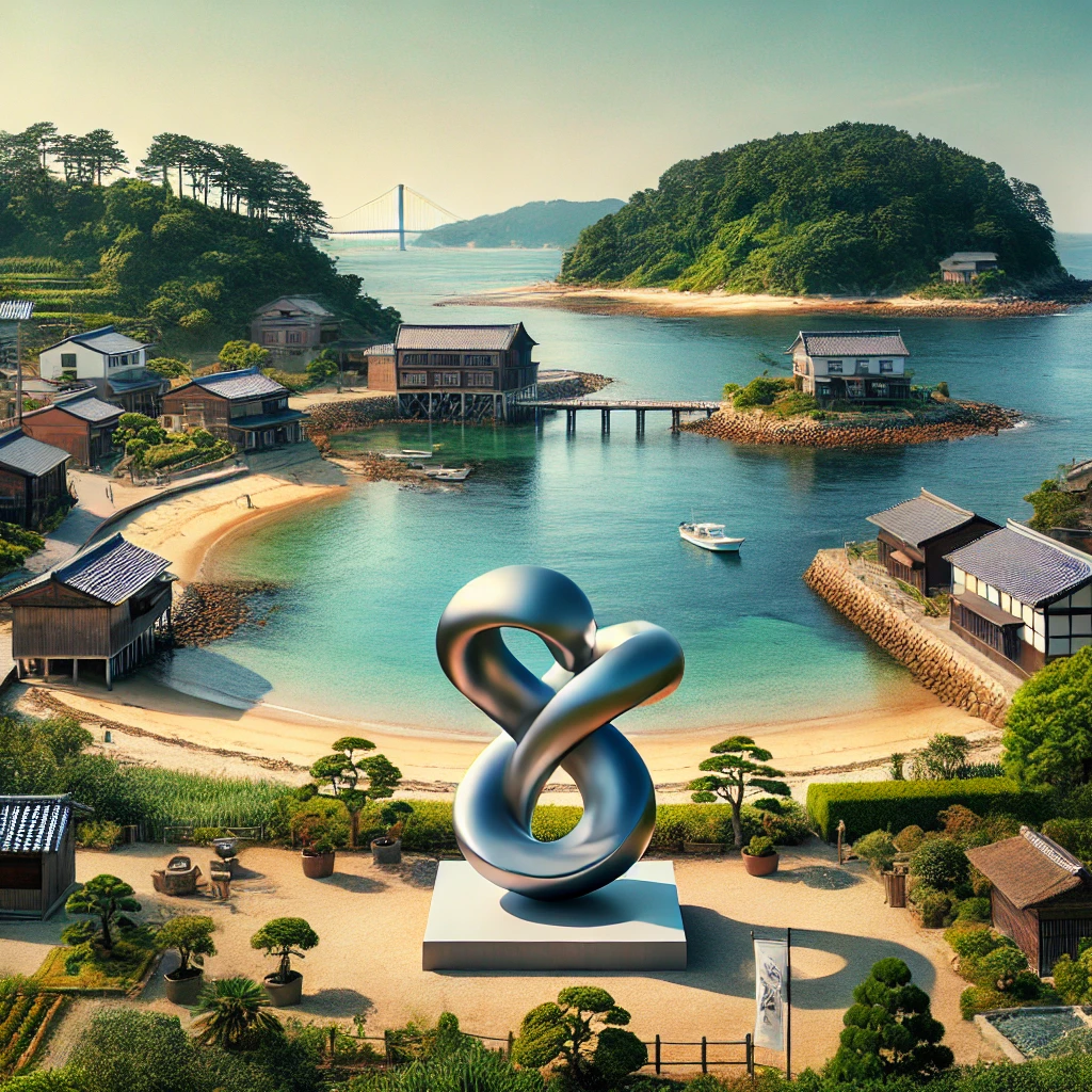 이누지마 섬의 아름다운 풍경과 예술 작품이 어우러진 사진