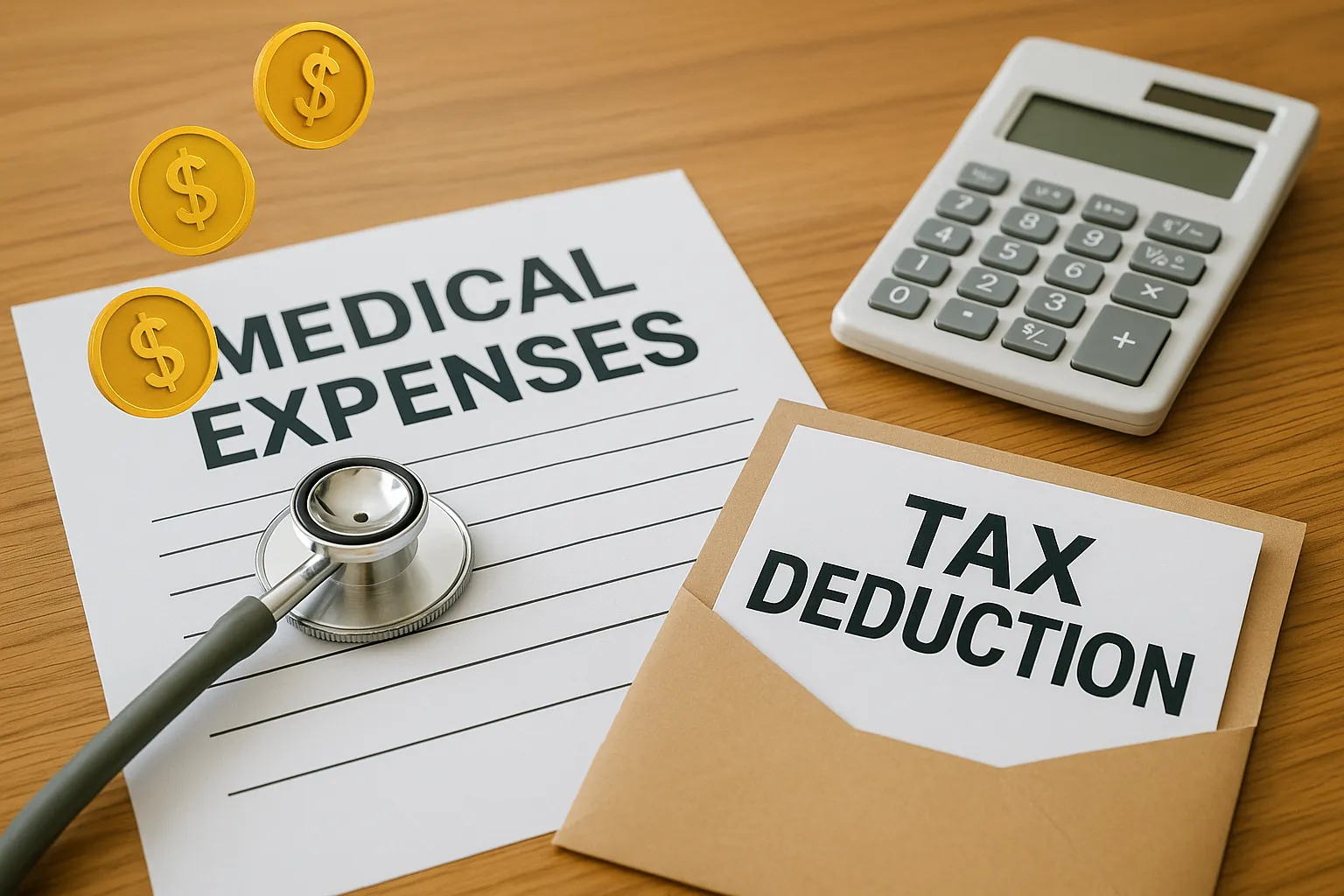 의료비-지출과-세금공제의-관계를-상징적으로-표현한-이미지로,-의료비-서류,-청진기,-계산기,-그리고-세금공제-서류가-책상-위에-배치되어-의료비-관련-공제조건을-직관적으로-전달하는-장면