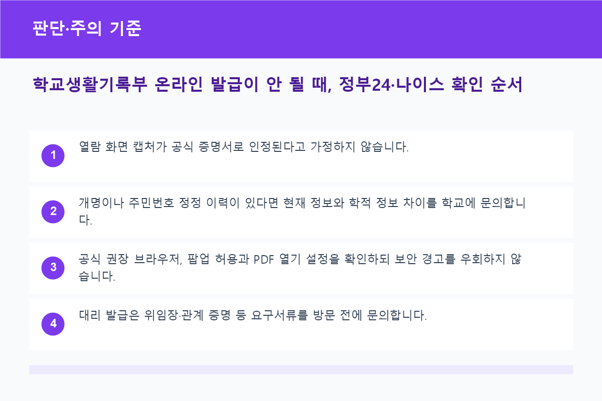 학교생활기록부 온라인 발급이 안 될 때, 정부24&middot;나이스 확인 순서 판단&middot;주의 기준 정보 이미지