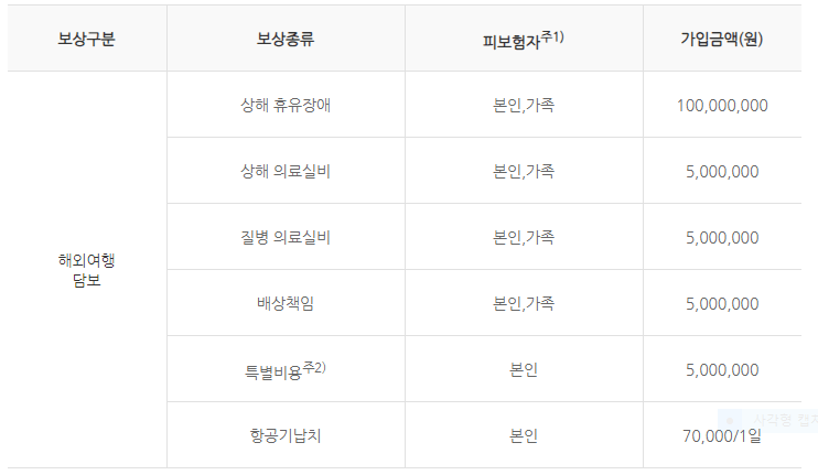 국민카드 무료여행자보험 보장내용