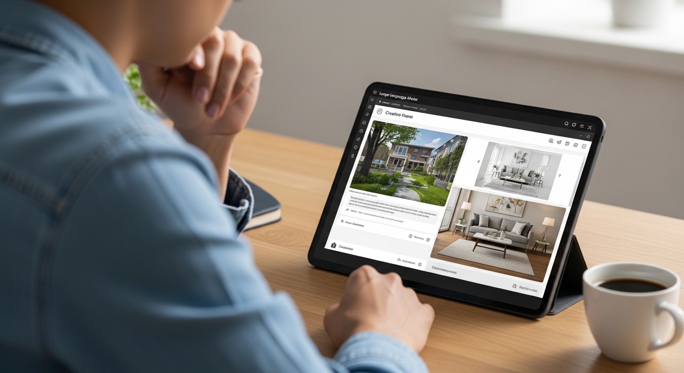 태블릿으로 챗봇에게 거실 인테리어 시안을 요청하며 집중하고 있는 사람