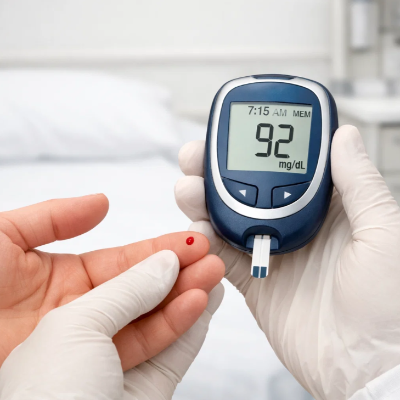 공복혈당 검사에서 정상 범위 혈당 수치를 보이는 혈당 측정기 화면