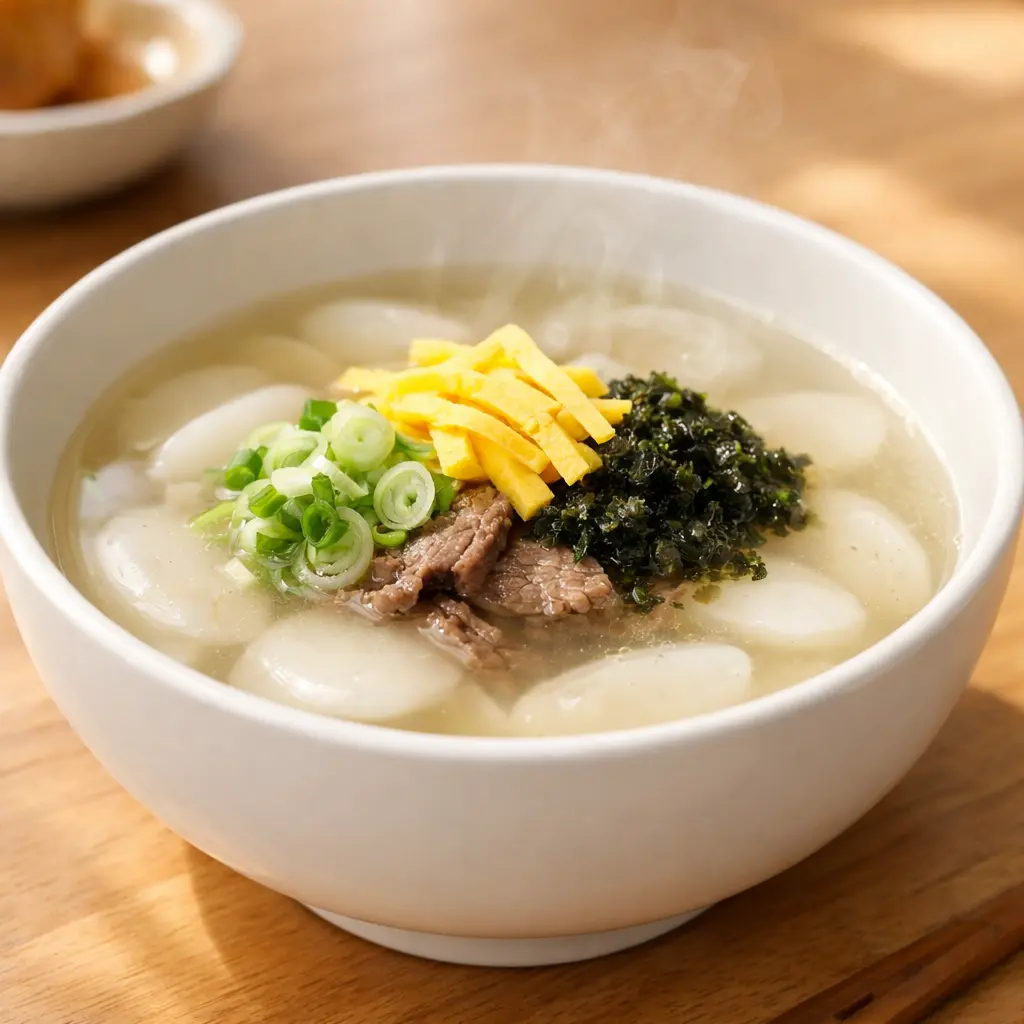 고명이 올라간 맑은 소고기 떡국 완성 사진