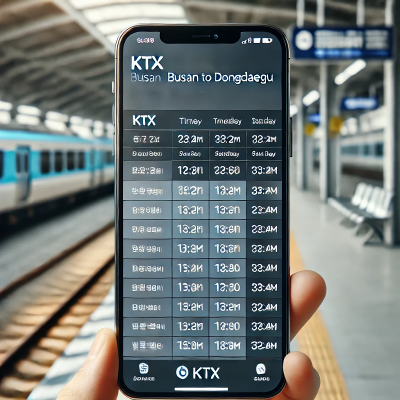 스마트폰 화면에 표시된 부산-동대구 KTX 시간표, 출발 시간과 목적지가 명확히 보이는 인터페이스