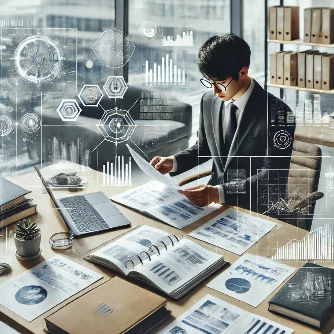 경영 관련 문서를 검토하며 전략을 세우는 장면