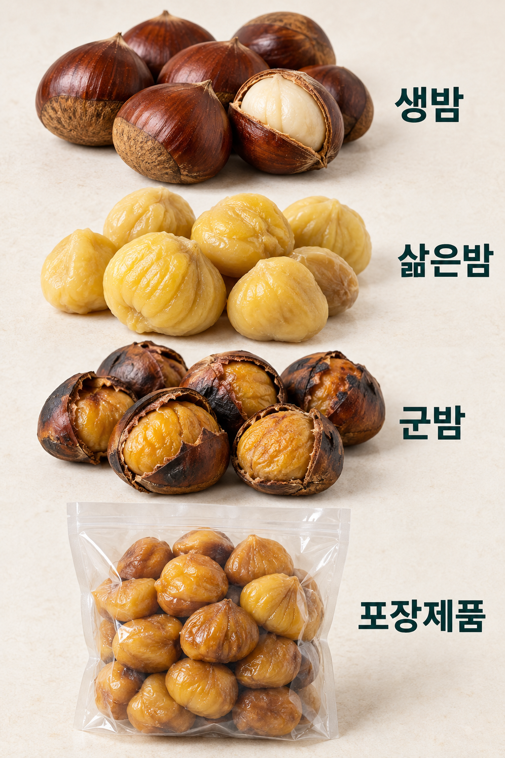 생밤&middot;삶은밤&middot;군밤을 각각 구분한 접시와 포장제품