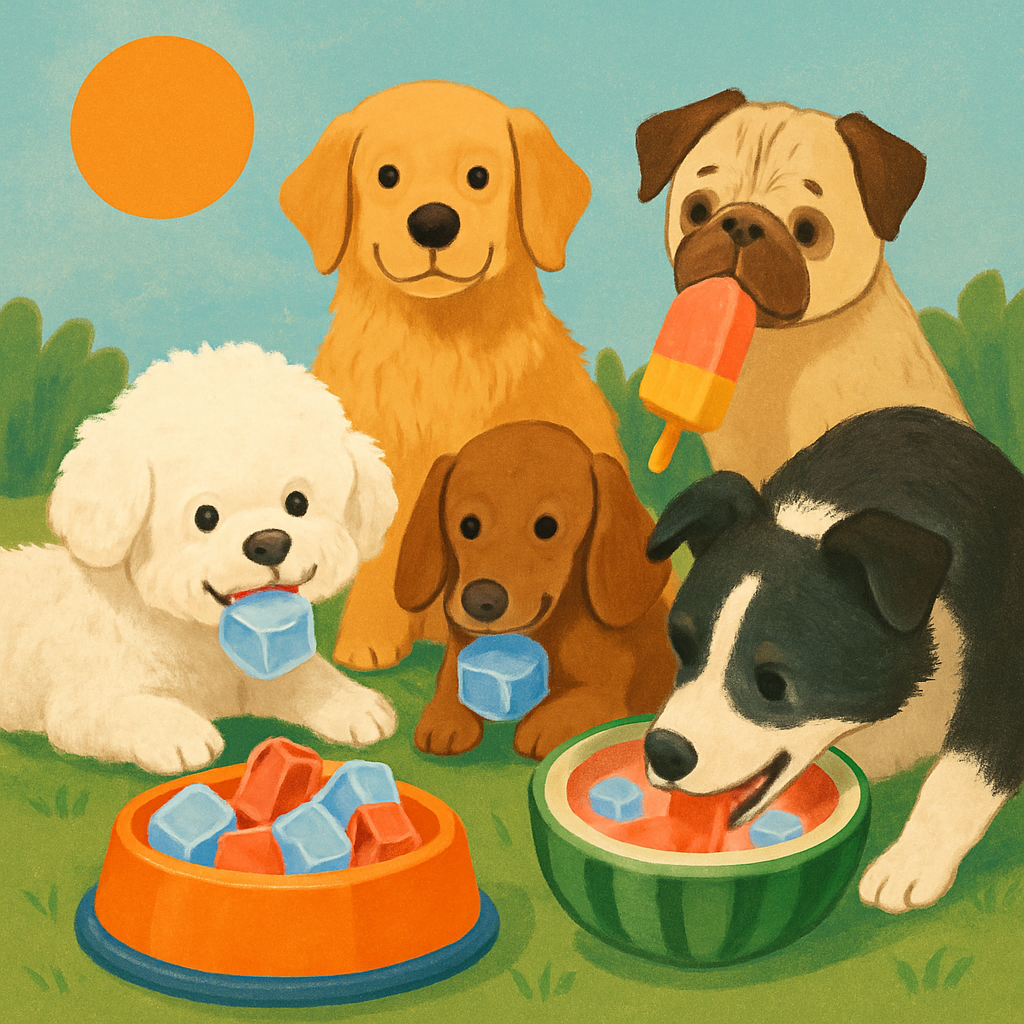 더운 여름 우리 강아지들도 여름 간식이 필요해요
얼음과 아이스크림을 먹고 있는 댕댕이들