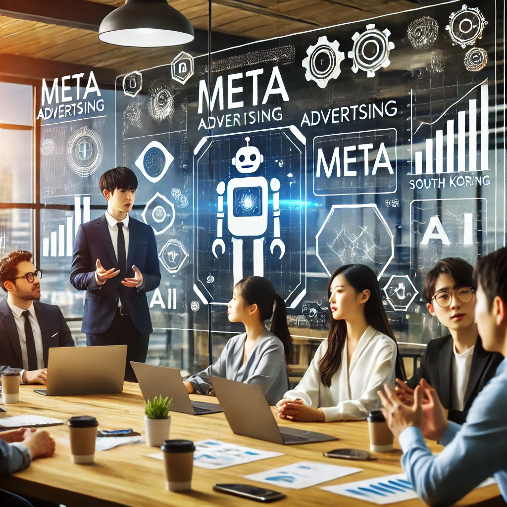 “서울의 스타트업 사무실에서 젊은 전문가들이 Meta 광고 전략을 회의하는 모습. 디지털 화이트보드에는 그래프와 AI 아이콘, Meta 로고가 표시되어 있고, 책상 위에는 노트북과 커피잔이 놓여 있음. 역동적이고 창의적인 분위기.”