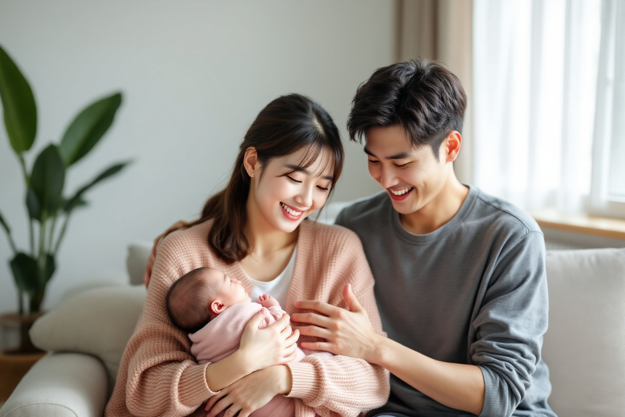 아이를 안고 행복해 하는 부부