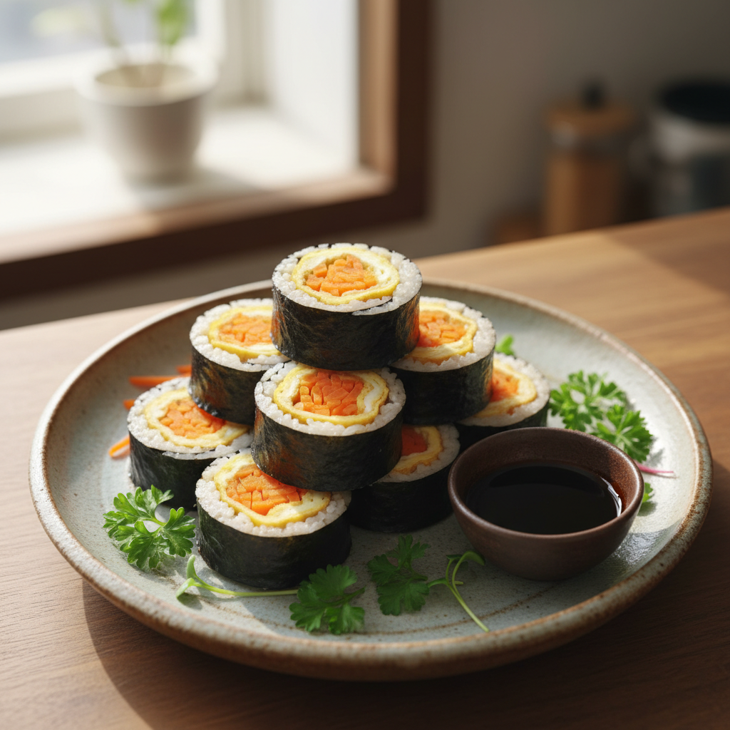 막 완성된 건강 당근 김밥 단면이 보이는 클로즈업 사진