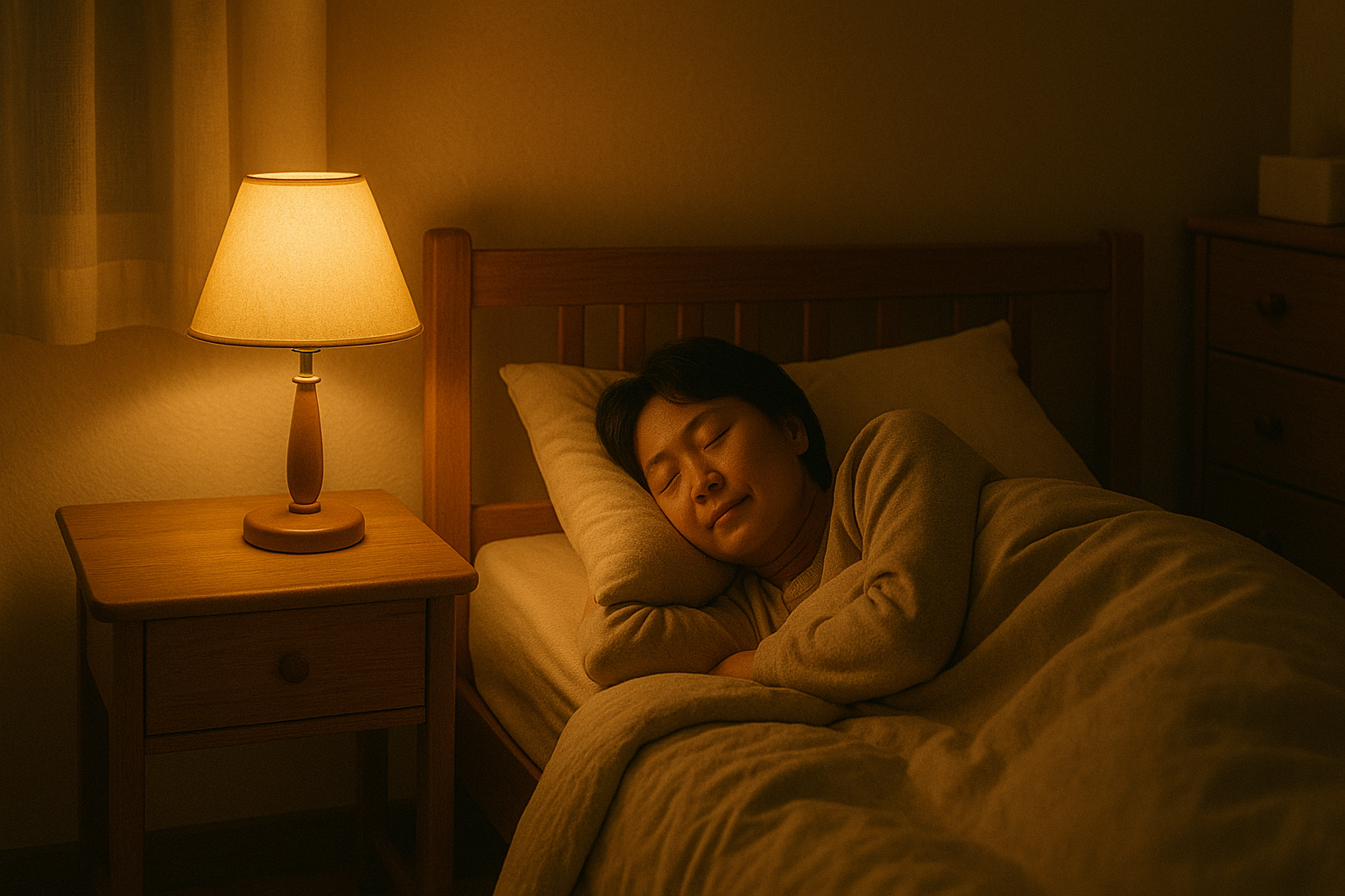 따뜻한 조명 아래 이불을 덮고 편안히 잠든 모습