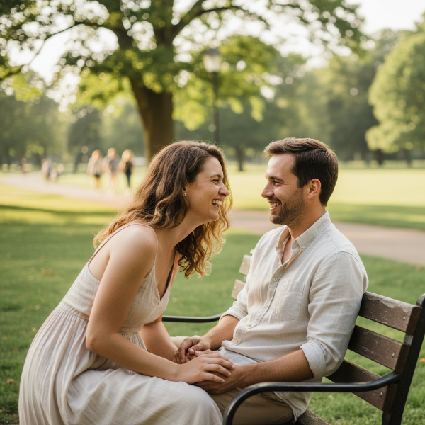 화창한 오후 공원 벤치에 앉아 서로 눈을 맞추고 깊은 대화를 나누며 웃고 있는 연인의 모습