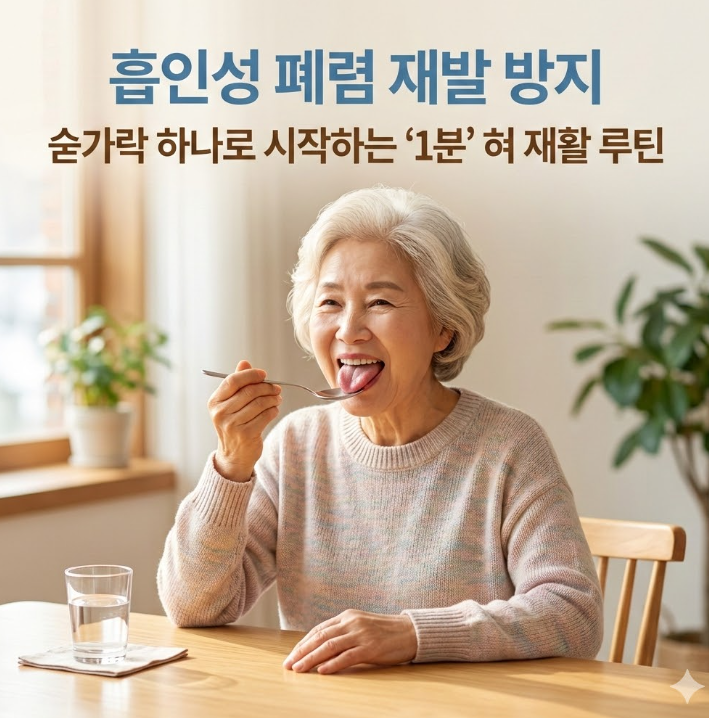 흡인성 폐렴 재발 방지를 위해 숟가락을 사용해 혀 재활 운동을 하는 고령자 모습