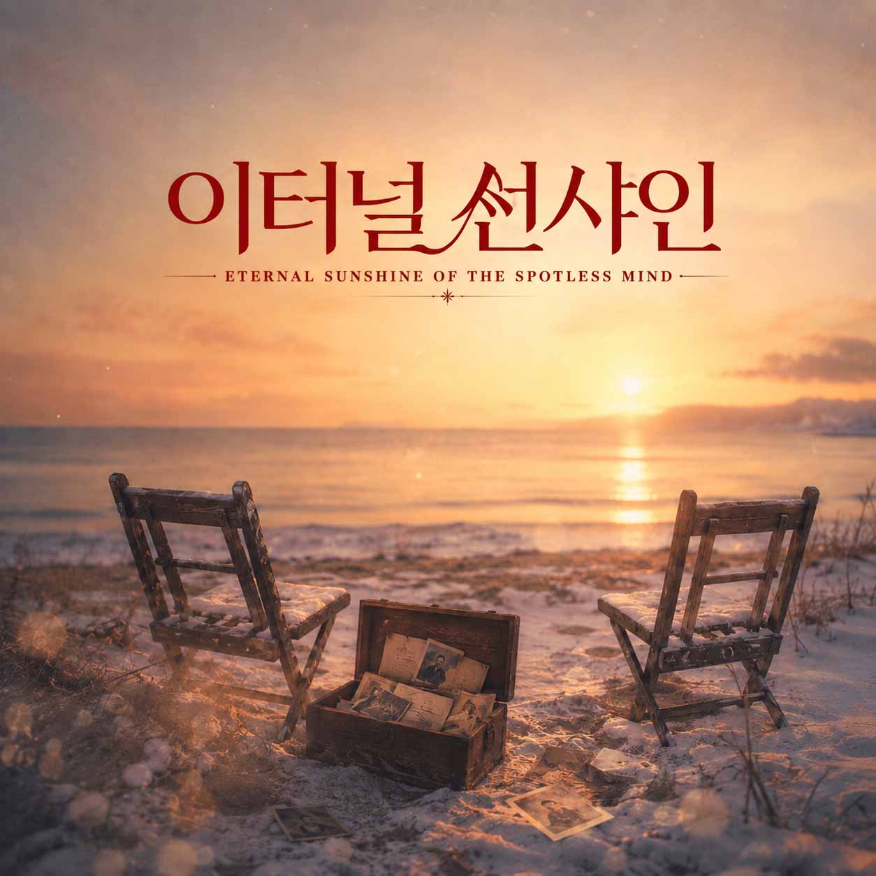 영화 이터널 선샤인을 표현한 노을 지는 겨울 바닷가와 두 개의 의자, 추억이 담긴 사진 상자 이미지