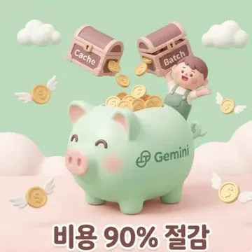 상쾌한 파스텔 그린과 핑크 톤의 이미지로, 제미나이 로고가 새겨진 귀여운 돼지 저금통이 동전으로 가득 차 행복하게 웃으며 브이(V)를 하고 있는 모습입니다. 'Cache(캐시)'와 'Batch(배치)' 상자에서 동전이 계속 쏟아져 들어오고 있으며, 날개 달린 동전들이 주변을 날아다녀 제미나이 3.0의 API 비용 90% 절감 효과를 시각적으로 표현하고 있습니다.