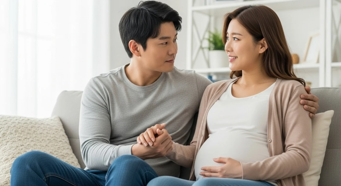 예방접종이 산모와 가족의 안전을 도울 수 있다고 알려주는 산모와 남편의 안정된 이미지