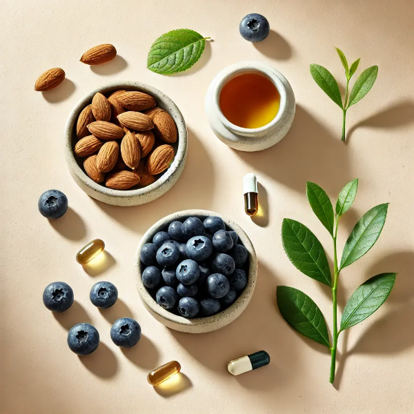 블루베리, 녹차잎, 비타민 E 캡슐이 깔끔하게 정리된 스튜디오컷